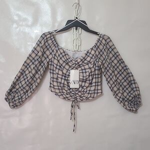 Zara Women's Plaid Long Sleeve Crop Black & White Top Size Medium NEW WITH TAGS